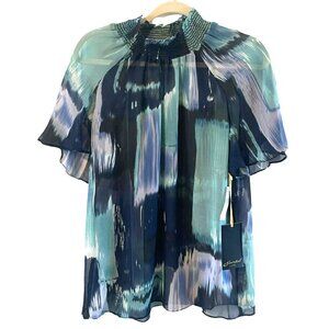 NWT Essentials by A.B.S. Watercolor Sheer Blouse S Mock Short sleeve $128 MSRP